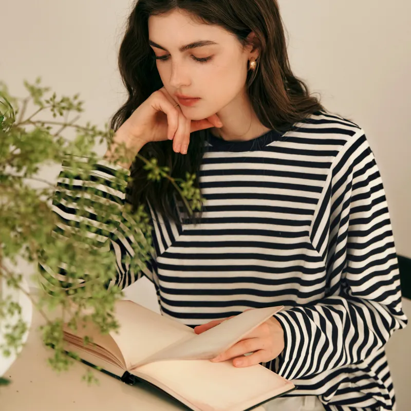 Olrain T Shirt Women's Black White Stripes-6