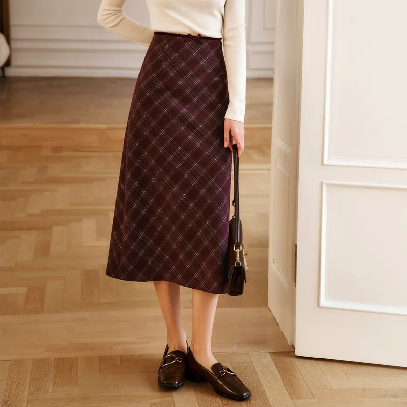 Olrain Casual Long Skirts Women's Red Plaid-3