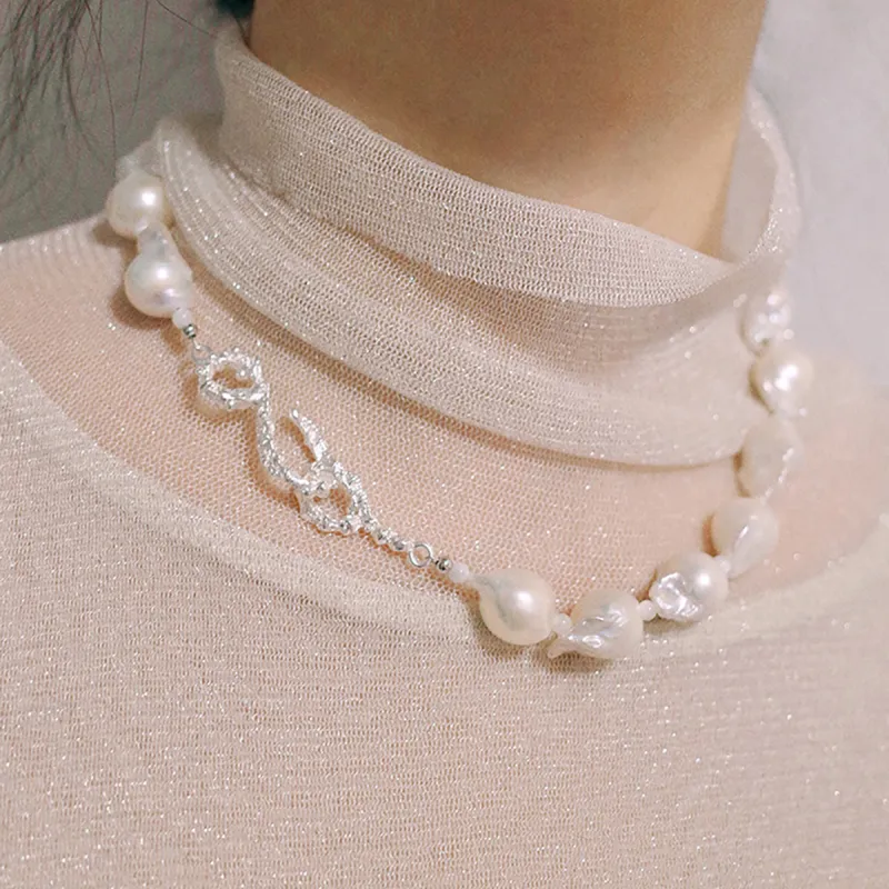 Qurioustone 925 Sterling Silver Baroque Pearl Necklaces Unisex-3