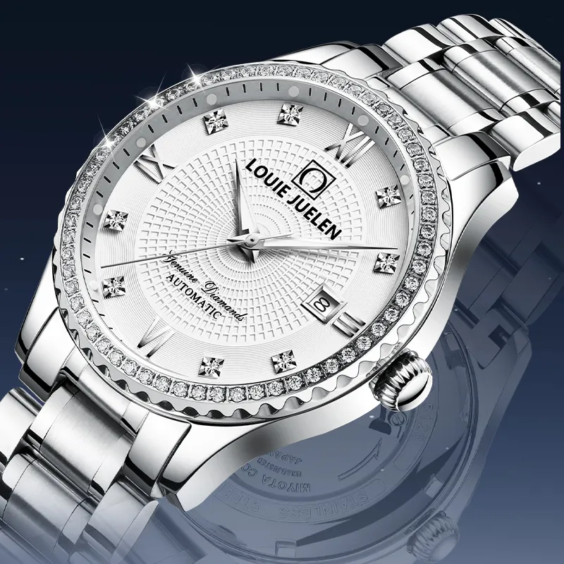 LOUIE JUELEN Mechanical Movement Stainless Steel Watchband Watch Unisex White Dial-3