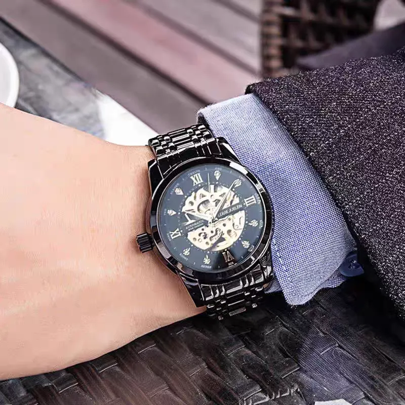 LOUIE JUELEN Automatic Mechanical Movement Stainless Steel Watchband Watch Men's Watches Cut-Out Dial-2
