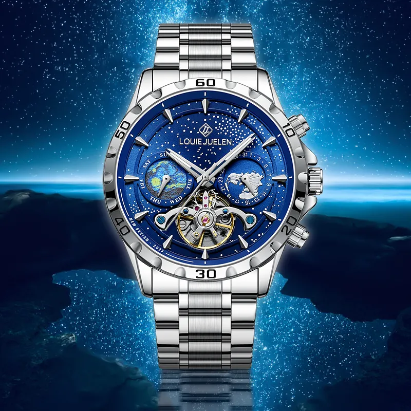 LOUIE JUELEN Automatic Mechanical Movement Stainless Steel Watchband Watch Men's Watches Blue Dial-5