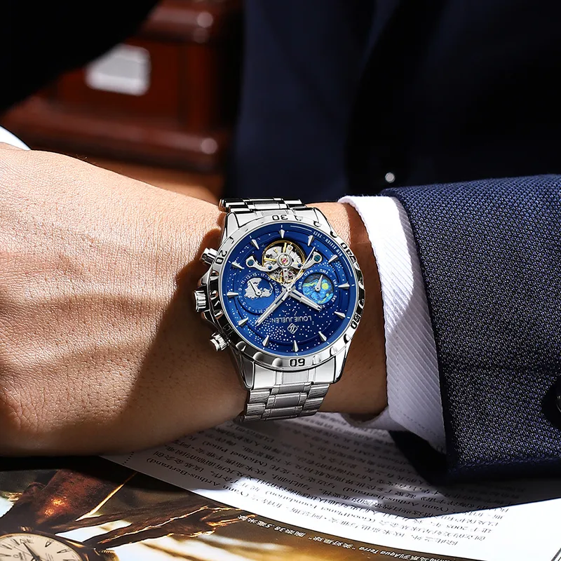 LOUIE JUELEN Automatic Mechanical Movement Stainless Steel Watchband Watch Men's Watches Blue Dial-2