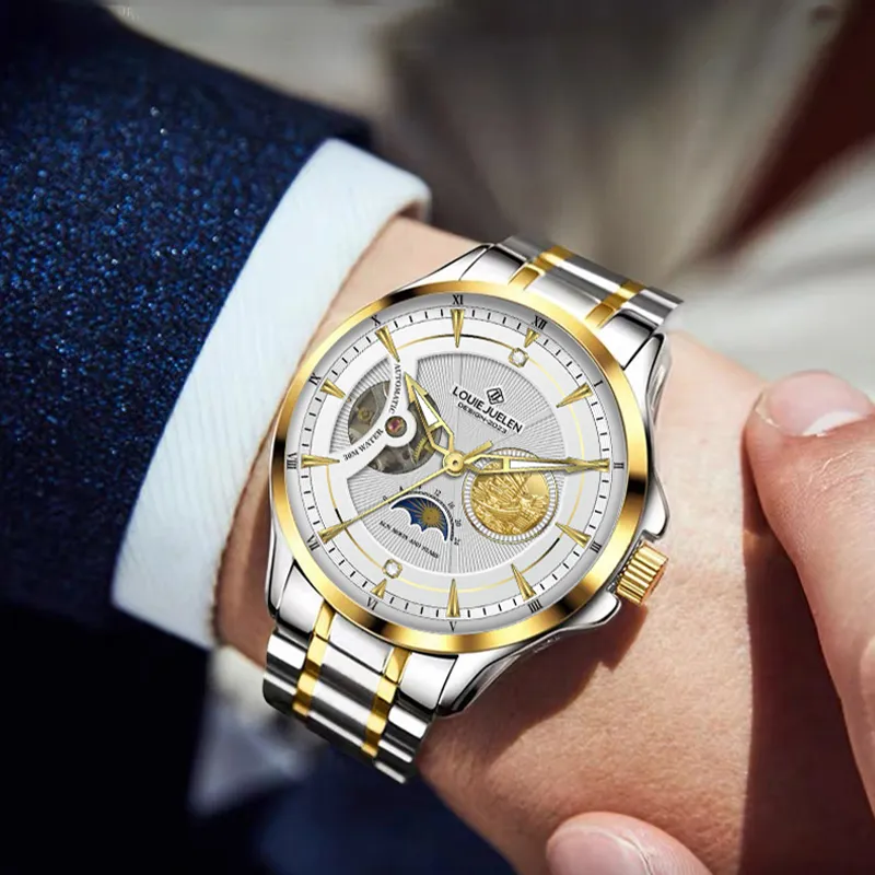 LOUIE JUELEN Mechanical Movement Stainless Steel Watchband Watch Men's Watches White Dial-1