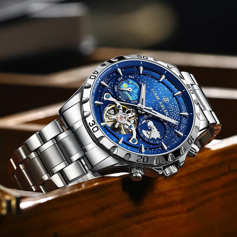 LOUIE JUELEN Automatic Mechanical Movement Stainless Steel Watchband Watch Men's Watches Blue Dial-4