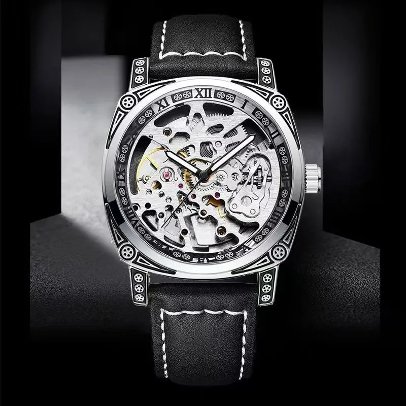 LOUIE JUELEN Mechanical Movement Genuine Leather Strap Watch Men's Watches Silver Dial-3