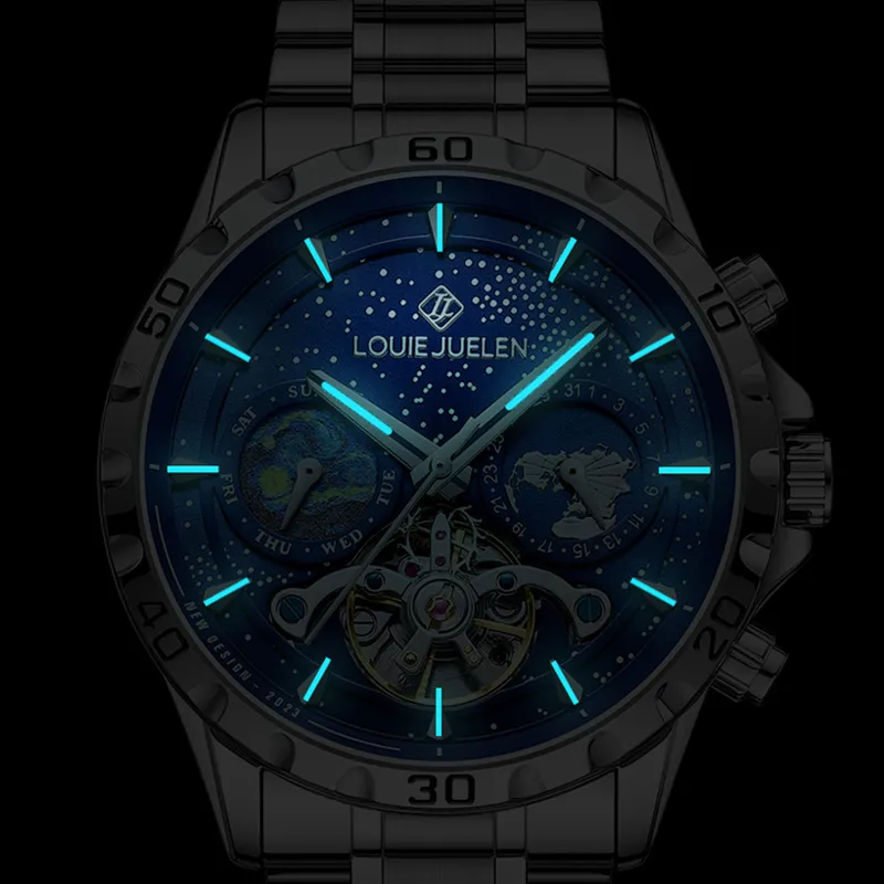 LOUIE JUELEN Automatic Mechanical Movement Stainless Steel Watchband Watch Men's Watches Blue Dial-3
