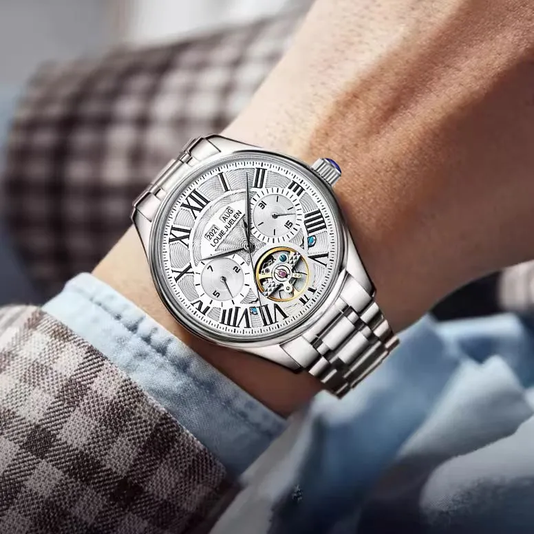 LOUIE JUELEN Mechanical Movement Stainless Steel Watchband Watch Men's Watches White Dial-2
