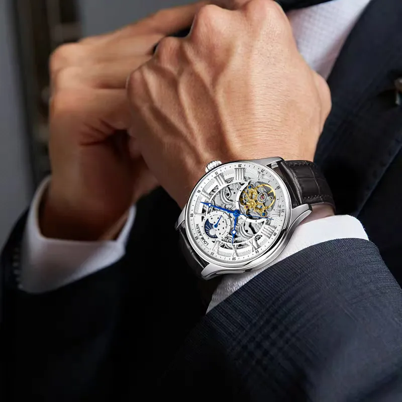 LOUIE JUELEN Automatic Mechanical Movement Genuine Leather Strap Watch Men's Watches Silver Dial-1