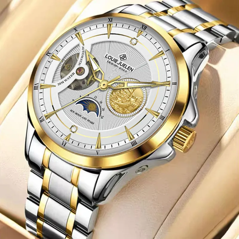 LOUIE JUELEN Mechanical Movement Stainless Steel Watchband Watch Men's Watches White Dial-2