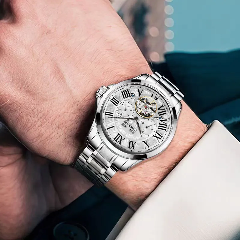 LOUIE JUELEN Mechanical Movement Stainless Steel Watchband Watch Men's Watches White Dial-4