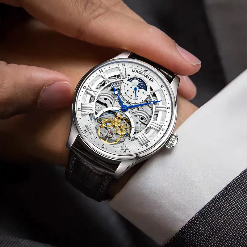 LOUIE JUELEN Automatic Mechanical Movement Genuine Leather Strap Watch Men's Watches Silver Dial-2