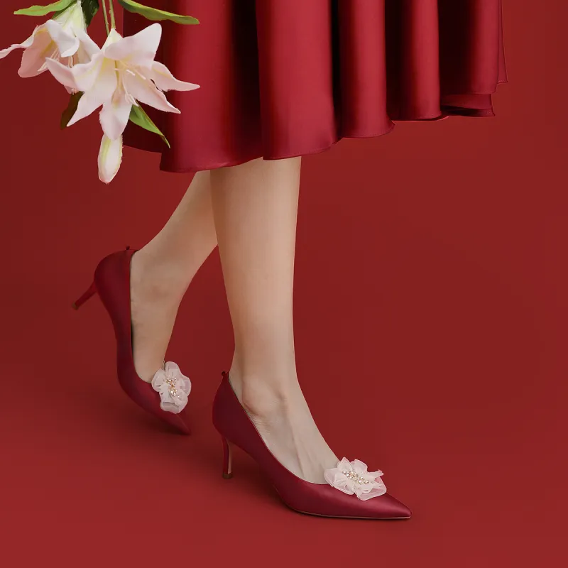 7or9 Red Velvet Cake Wedding Shoes Box Slim Heel Wedding High Heels 7cm Women's Red-6