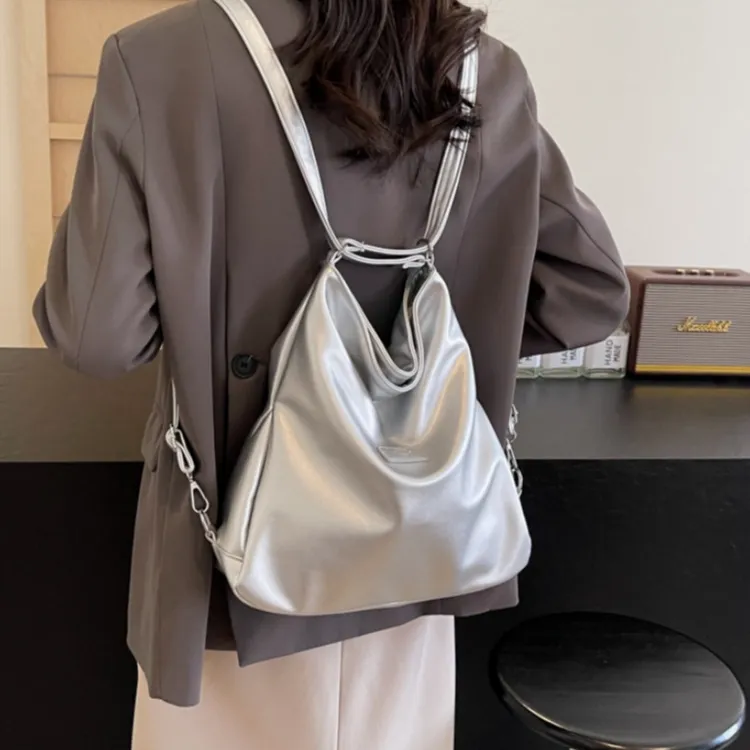 FCTOSSR PU Double Shoulder Backpack Regular Women's Black White Silver Pink-1