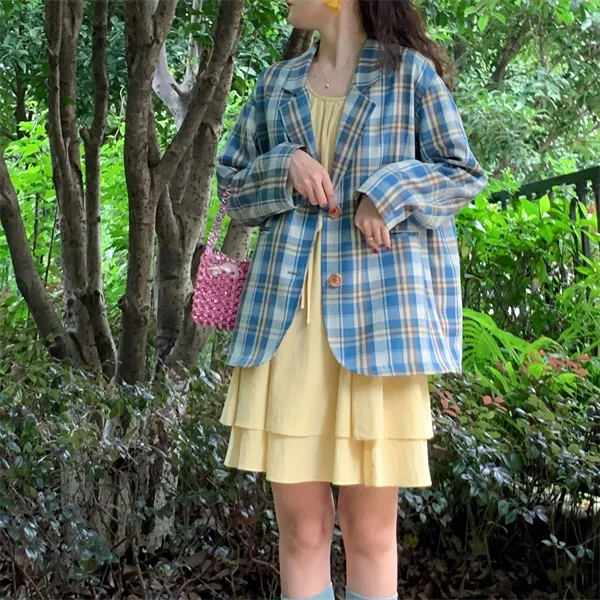 XIARIHUIZAIWANCANHOU Cropped Coats Women's Blue Plaid-2