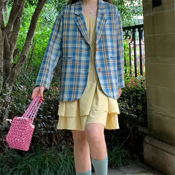 XIARIHUIZAIWANCANHOU Cropped Coats Women's Blue Plaid-3