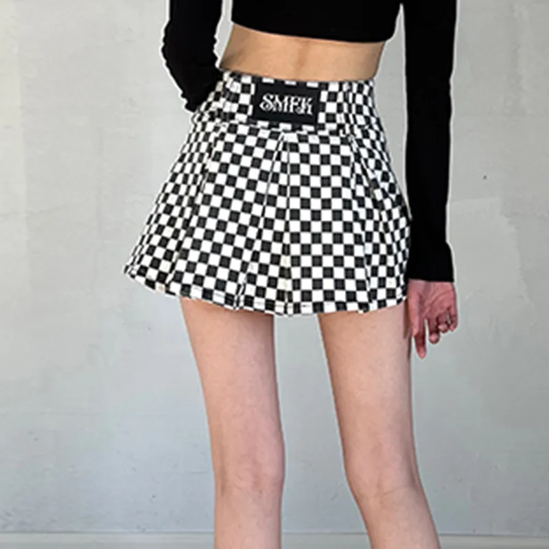 SMFK Casual Short Skirts Women's Black White Plaid-5