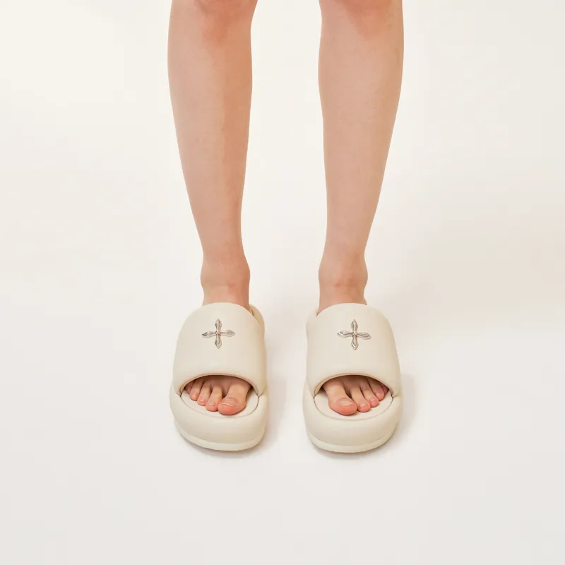SMFK Compass Rubber Sole Slip-Resistant Slide Slippers Women's Milk White-3
