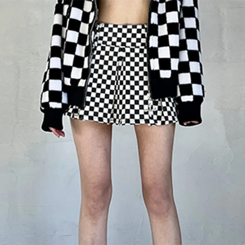 SMFK Casual Short Skirts Women's Black White Plaid-3