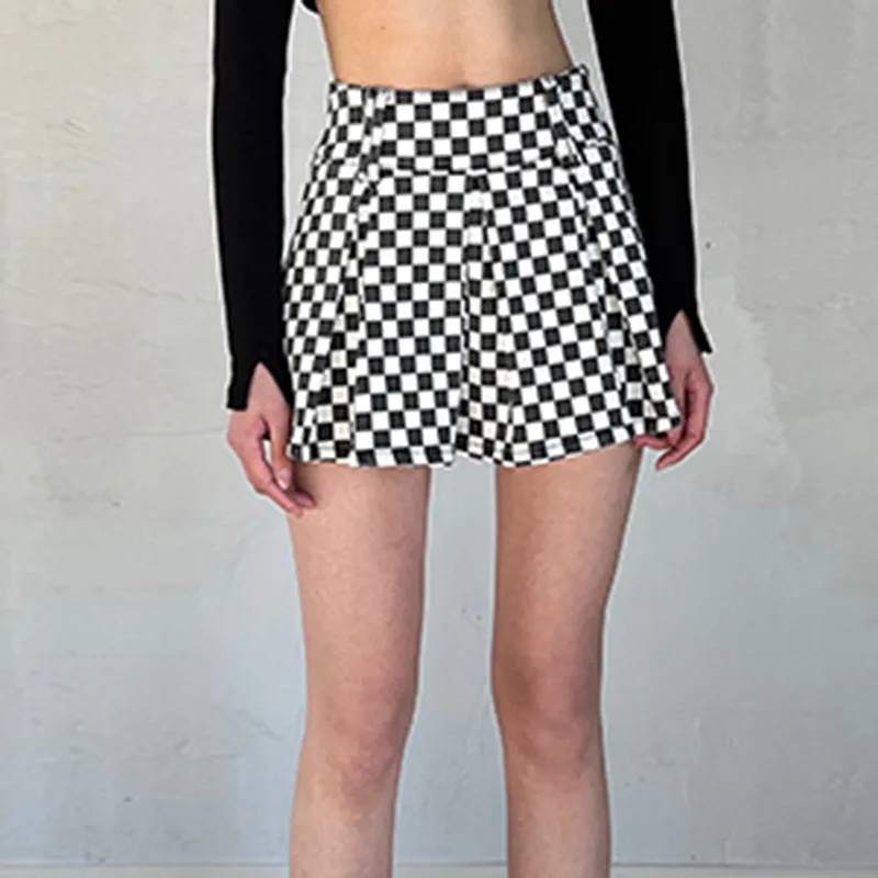 SMFK Casual Short Skirts Women's Black White Plaid-4