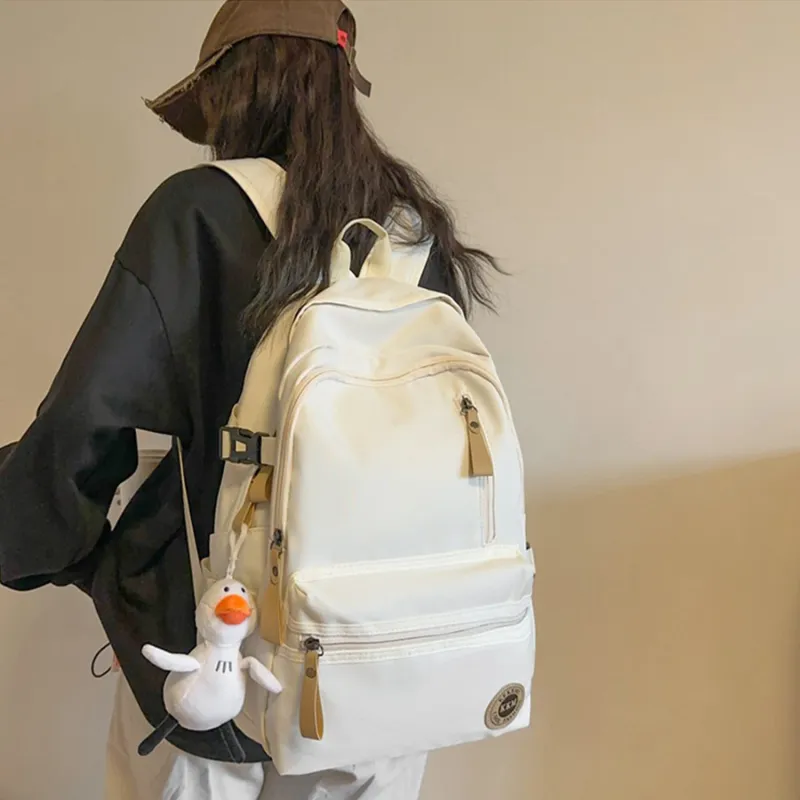 TAKI Nylon Versatile Large Capacity Student Backpack Regular Unisex Black/White/Khaki-1