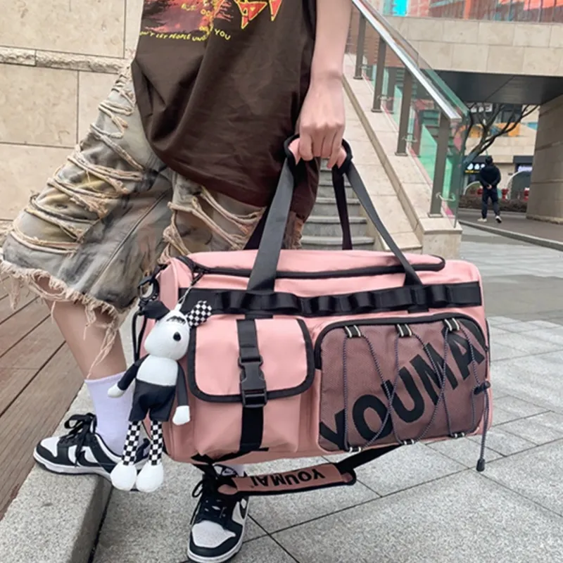 HCXK Nylon Large Capacity Handbag, Shoulder Bag Regular Unisex Black/Pink/Ecru-61