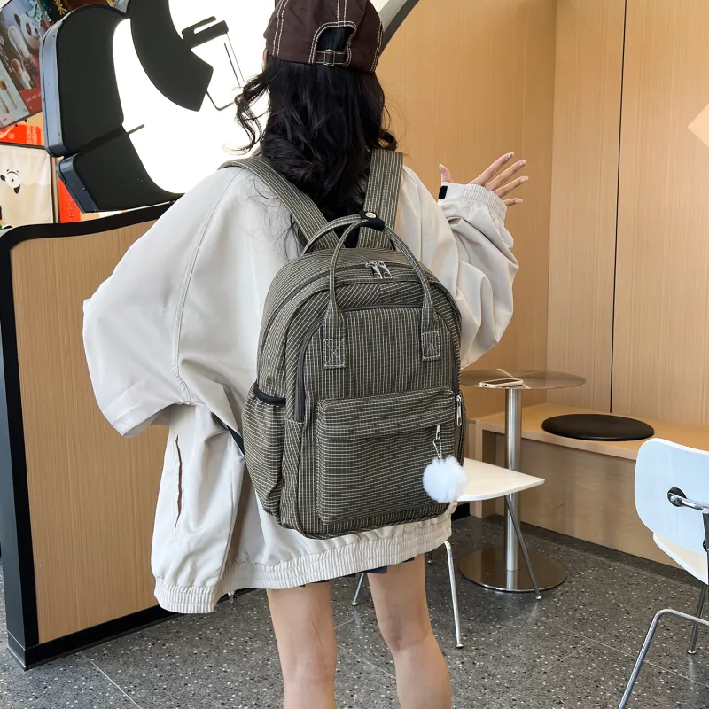 TAKI Nylon Campus Student Backpack Regular Unisex Ecru/Black/Green/Khaki/Coffee-11