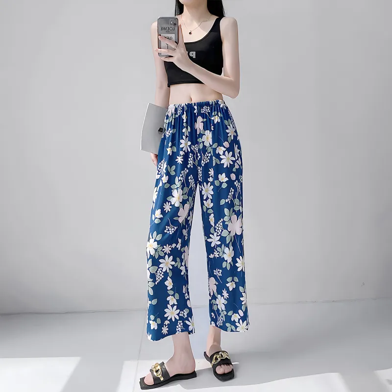 MADALLO Pajama Pants Women's Blue Background Mulan Flower-3