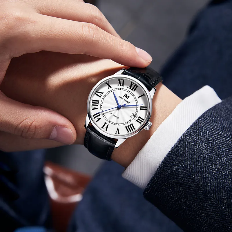 JONNY MOORE J1637L Collection Automatic Mechanical Movement Genuine Leather Strap Watch Unisex White Dial-3