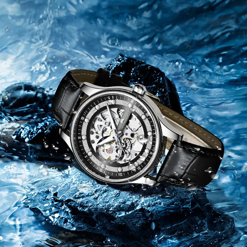 Corriberty Automatic Mechanical Movement Genuine Leather Strap Watch Men's Watches Cut-Out Dial-6