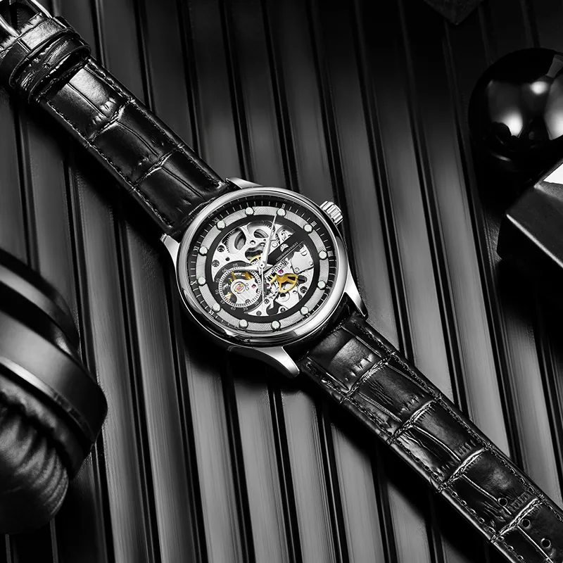 Corriberty Automatic Mechanical Movement Genuine Leather Strap Watch Men's Watches Cut-Out Dial-5