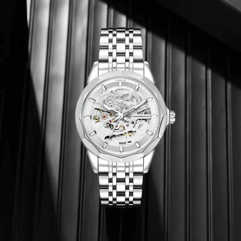 Corriberty Mechanical Movement Stainless Steel Strap Watch Men's Watches White Dial-3
