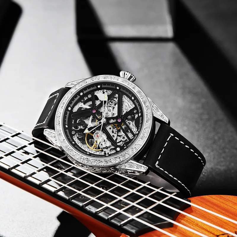 Corriberty Mechanical Movement Leather Strap Watch Men's Watches Cut Out Dial-4