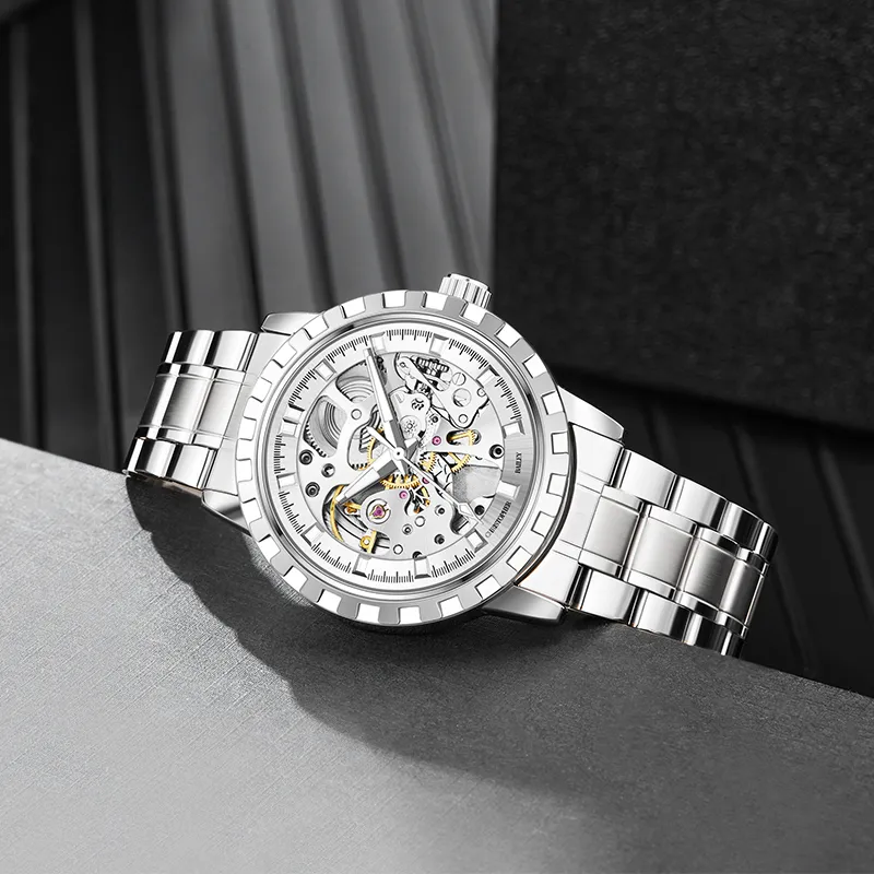 Corriberty Mechanical Movement Alloy Strap Watch Men's Watches Cut Out Dial-5
