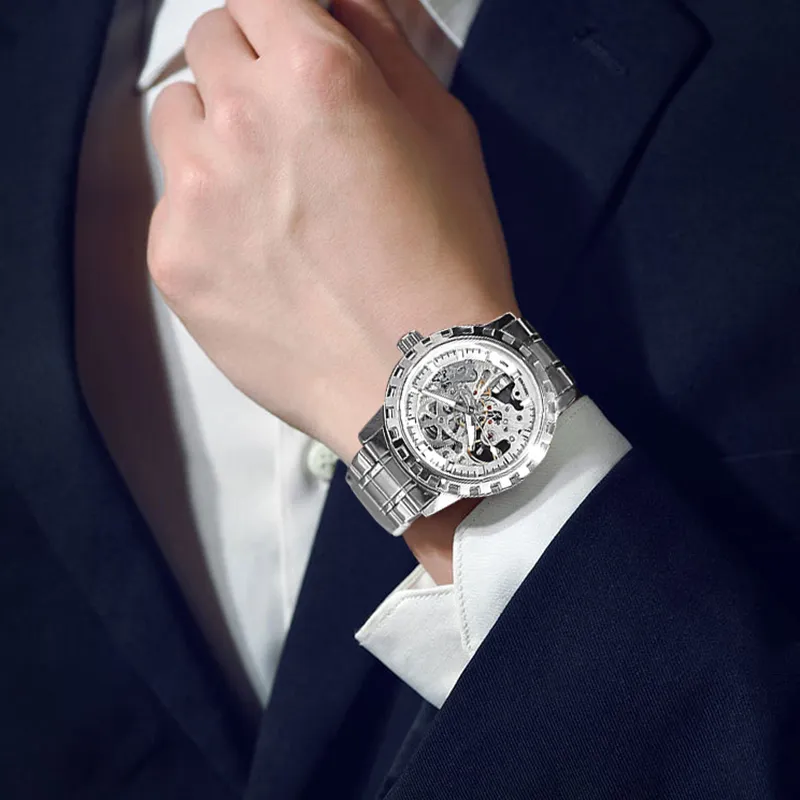 Corriberty Mechanical Movement Alloy Strap Watch Men's Watches Cut Out Dial-6