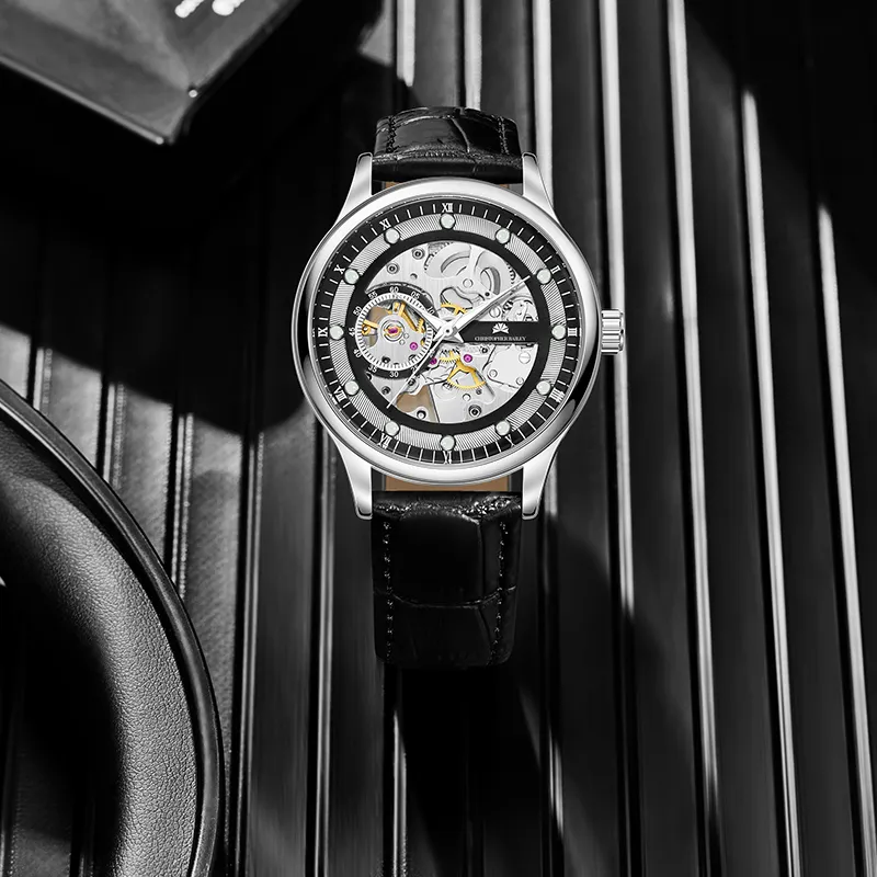 Corriberty Automatic Mechanical Movement Genuine Leather Strap Watch Men's Watches Cut-Out Dial-3