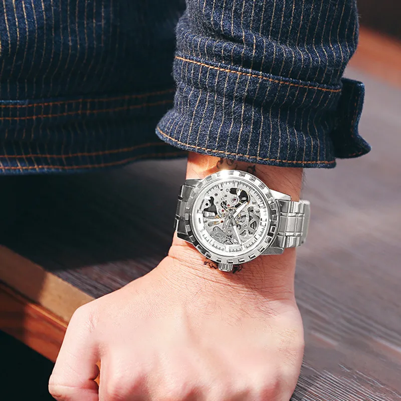 Corriberty Mechanical Movement Alloy Strap Watch Men's Watches Cut Out Dial-13
