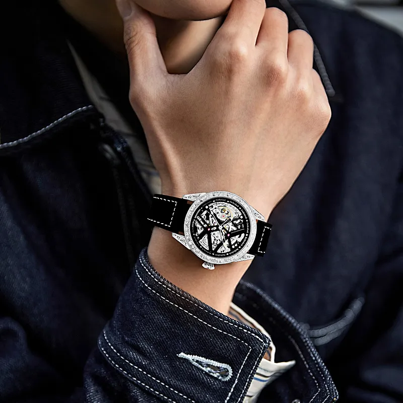 Corriberty Mechanical Movement Leather Strap Watch Men's Watches Cut Out Dial-7
