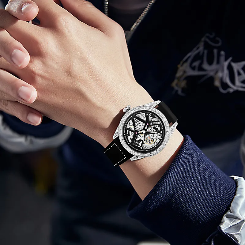 Corriberty Mechanical Movement Leather Strap Watch Men's Watches Cut Out Dial-6