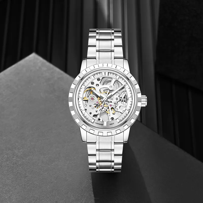 Corriberty Mechanical Movement Alloy Strap Watch Men's Watches Cut Out Dial-4
