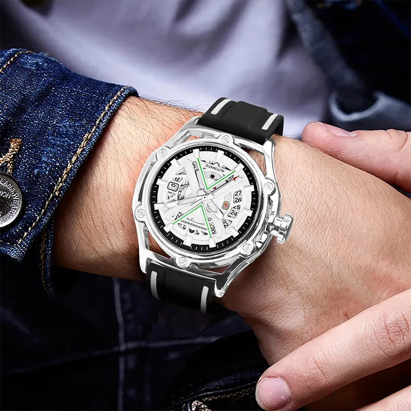 Corriberty Mechanical Movement Silicone Strap Watch Men's Watches White Dial-7