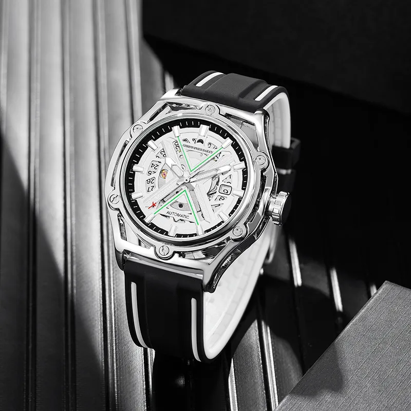 Corriberty Mechanical Movement Silicone Strap Watch Men's Watches White Dial-4