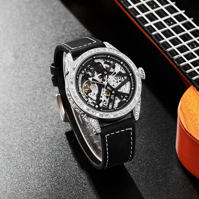 Corriberty Mechanical Movement Leather Strap Watch Men's Watches Cut Out Dial-5