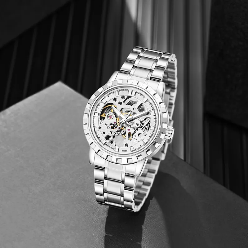 Corriberty Mechanical Movement Alloy Strap Watch Men's Watches Cut Out Dial-3