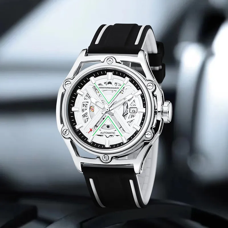 Corriberty Mechanical Movement Silicone Strap Watch Men's Watches White Dial-3