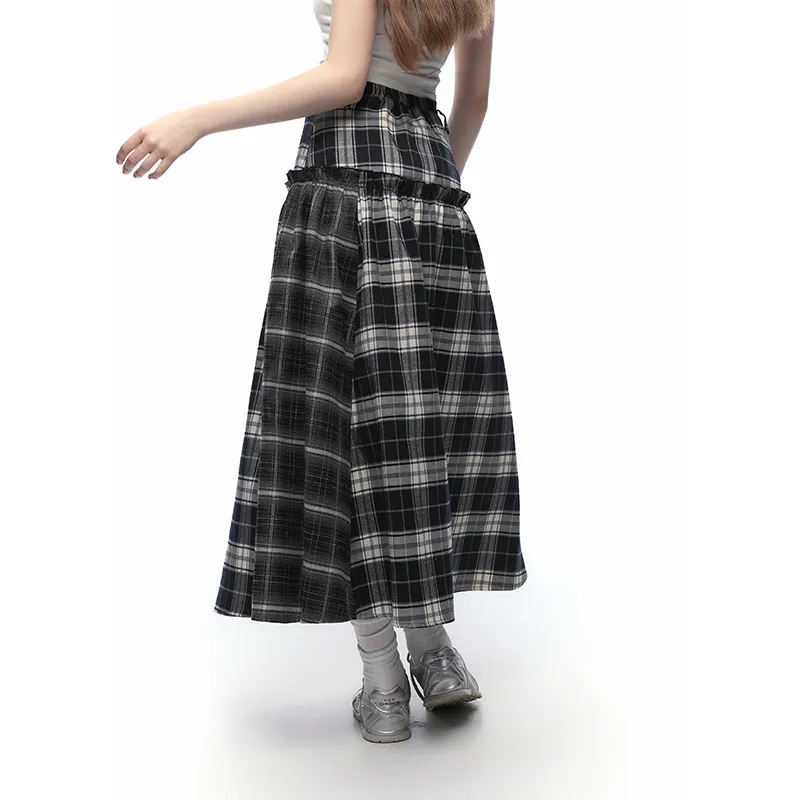 KODAKBLACK/KBLC Casual Long Skirt Women's Dark Blue Plaid-4