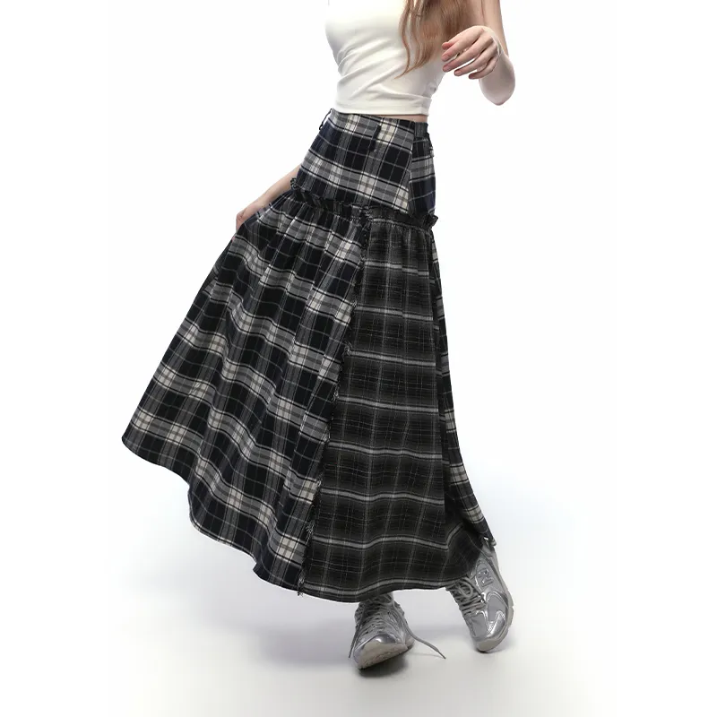 KODAKBLACK/KBLC Casual Long Skirt Women's Dark Blue Plaid-3