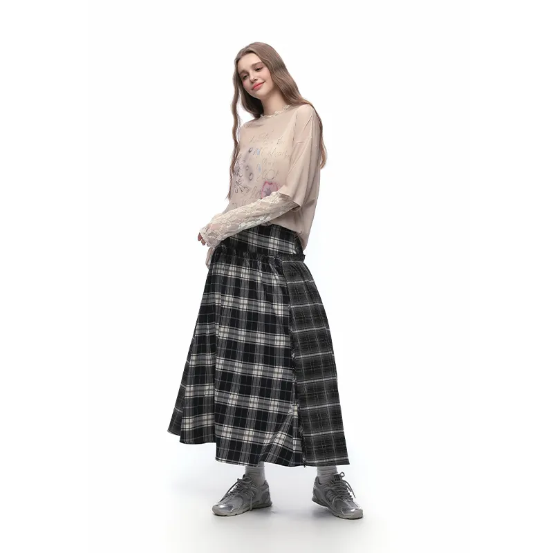 KODAKBLACK/KBLC Casual Long Skirt Women's Dark Blue Plaid-5