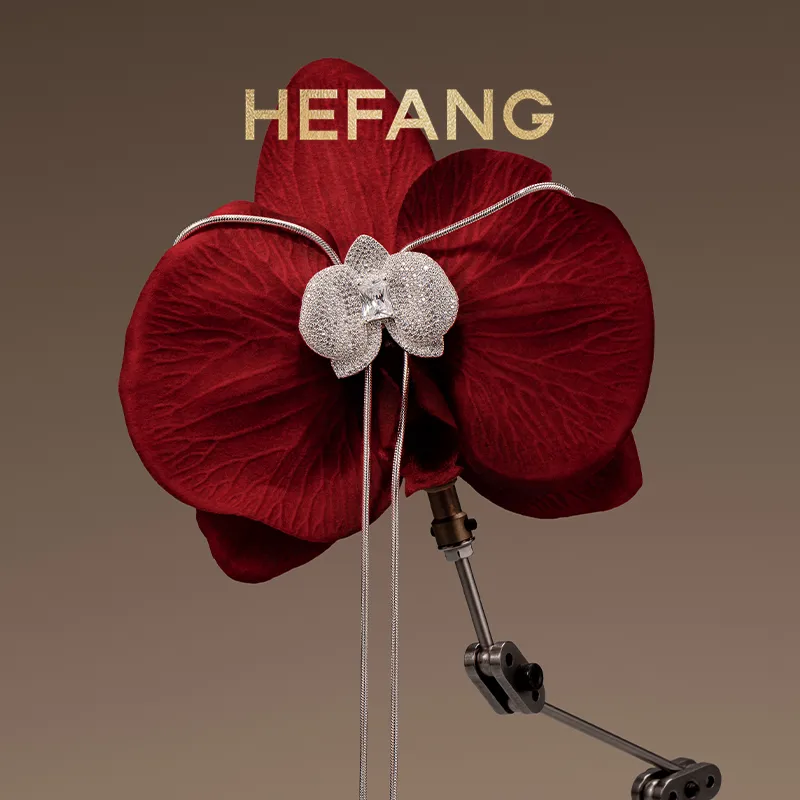 HEFANG All Things Spiritual Collection Copper Moth Orchid Long Necklace Women's Silver-2
