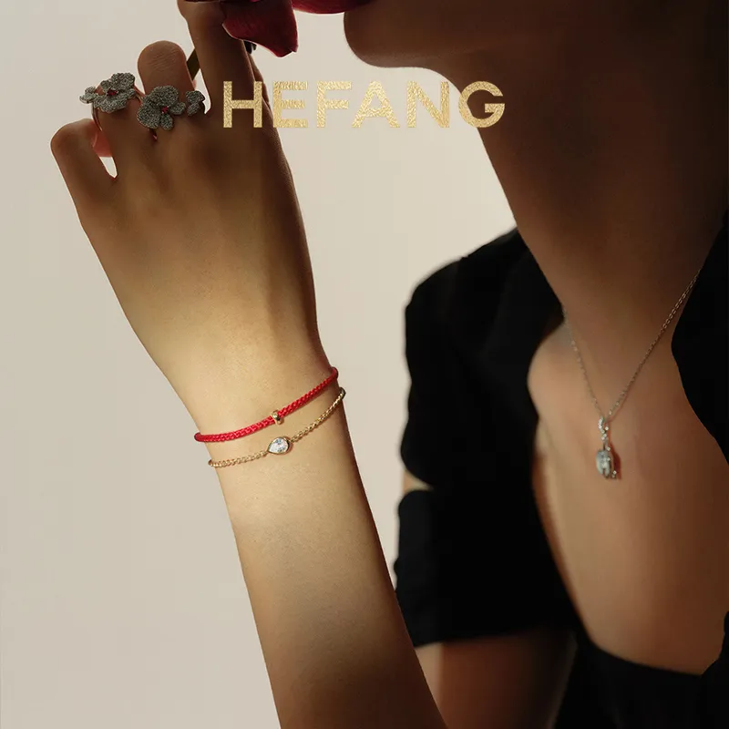 HEFANG All Things Spiritual Collection 925 Sterling Silver Water Drop Red String Double Layer Bracelet Women's-2